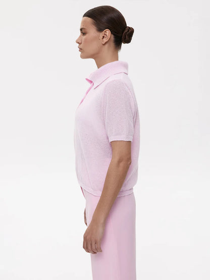 Summer Women's Polo Collar Knitted Short Sleeves Sweater Transparent T-shirt Female Simple 2025 Pink Yellow Gray Blue Red White