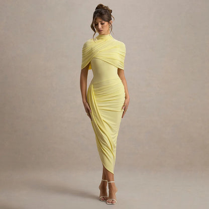 Elegant Women's Tight Curvy Midi Dress Sexy Backless Draped Bodycon Dresses Evening Party Wedding Guest Summer New Yellow White