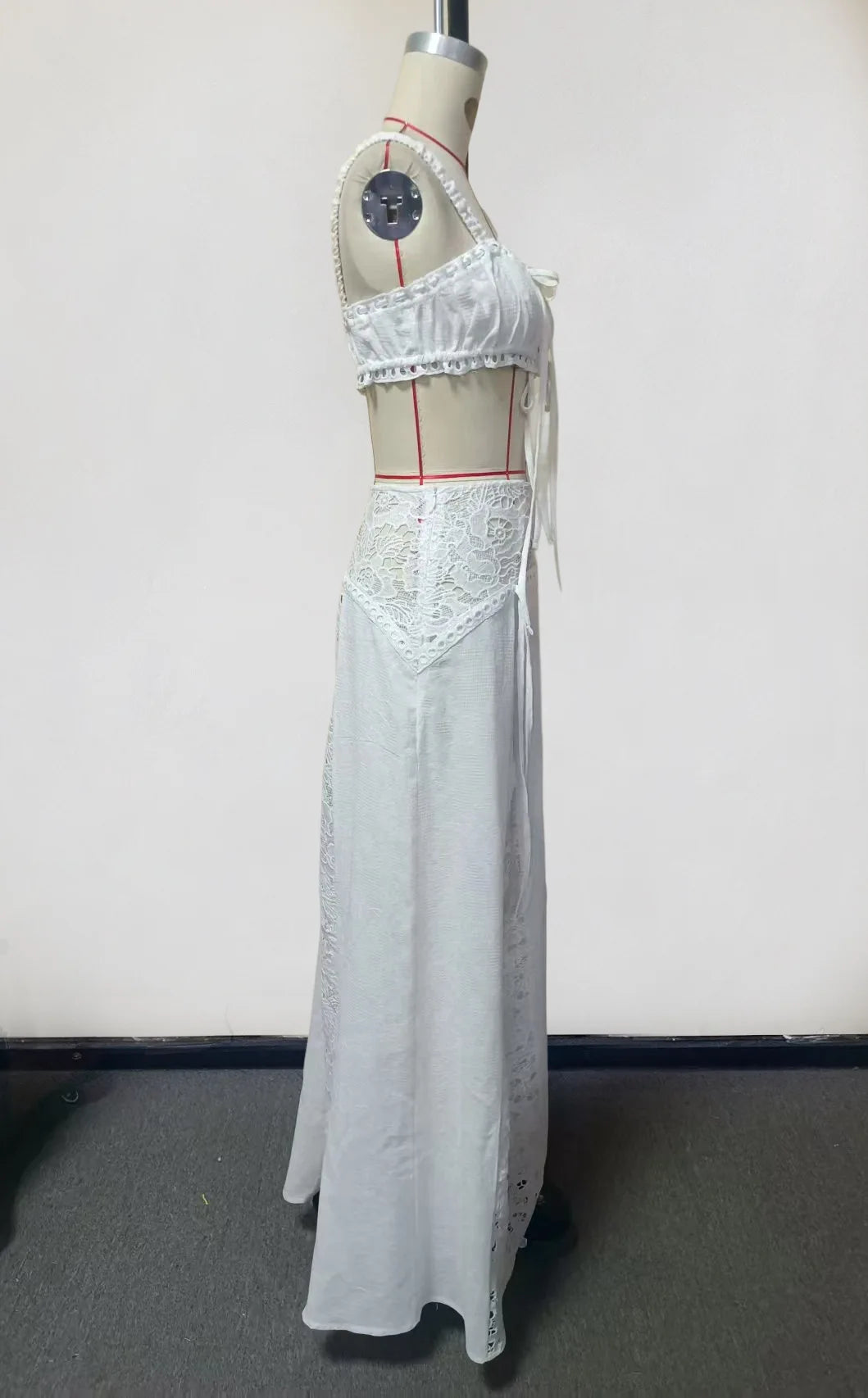 White Lace Beach 2 Pieces Sets Cover Up Women's Backless Crop Top Long Skirt Matching Set Suit Summer Holiday Vacation Outfit