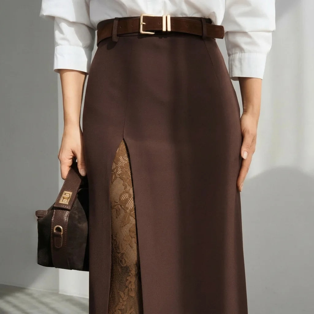 Elegant Lace Patchwork Skirt Women's High Waist Slim Split Skirts Female Clothing Fashion Summer Autumn 2026 Office Lady New In