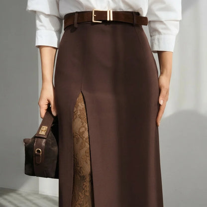 Elegant Lace Patchwork Skirt Women's High Waist Slim Split Skirts Female Clothing Fashion Summer Autumn 2026 Office Lady New In