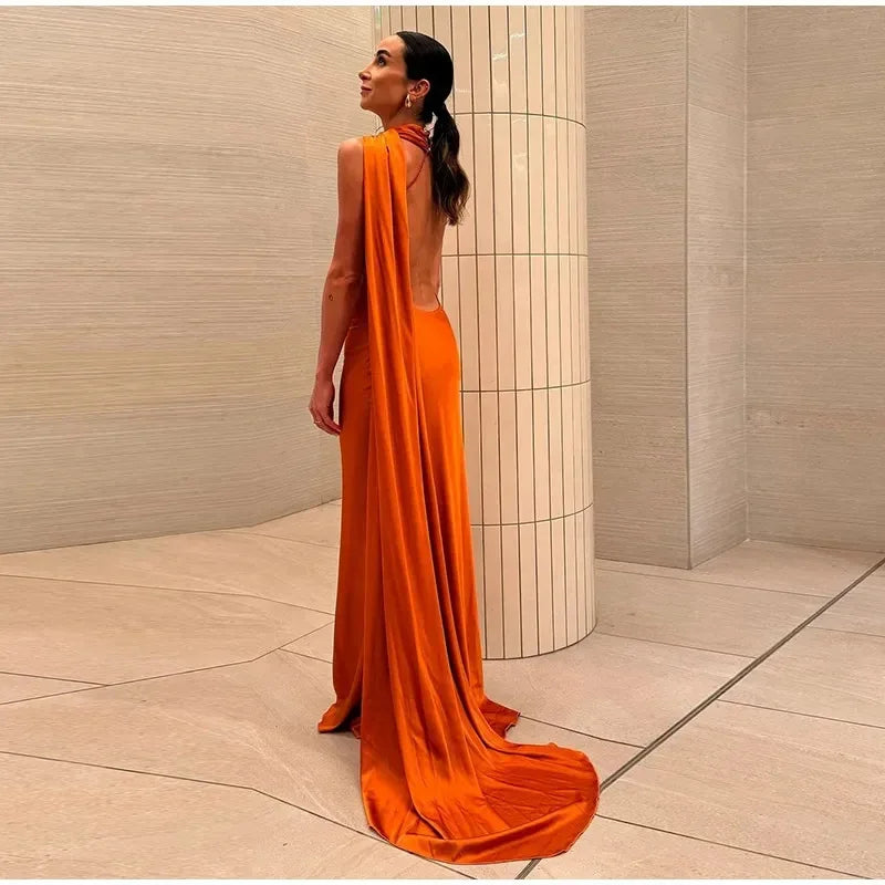 Satin Ribbon Long Dresses Women's Backless Casual Silk Dress Evening Wedding Guest Blue Green Black Yellow Red Pink Summer Prom