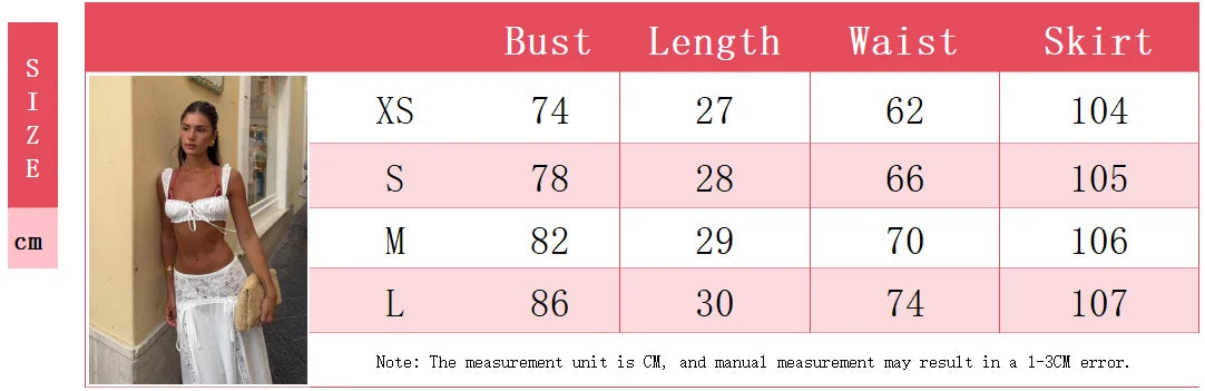 White Lace Beach 2 Pieces Sets Cover Up Women's Backless Crop Top Long Skirt Matching Set Suit Summer Holiday Vacation Outfit