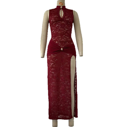 Elegant Black Lace Hollow Out Long Dress Women's Ruched High Slit Dresses Evening Party Club Wear Cocktail Summer Burgundy White