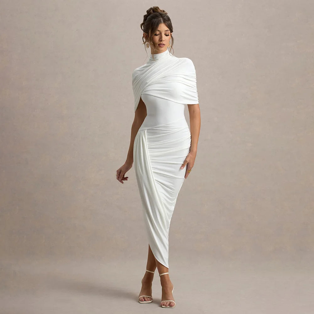 Elegant Women's Tight Curvy Midi Dress Sexy Backless Draped Bodycon Dresses Evening Party Wedding Guest Summer New Yellow White