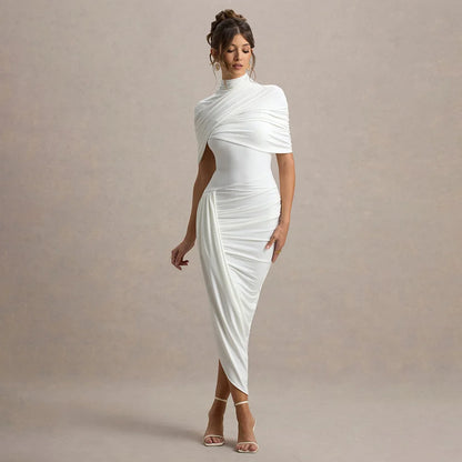 Elegant Women's Tight Curvy Midi Dress Sexy Backless Draped Bodycon Dresses Evening Party Wedding Guest Summer New Yellow White