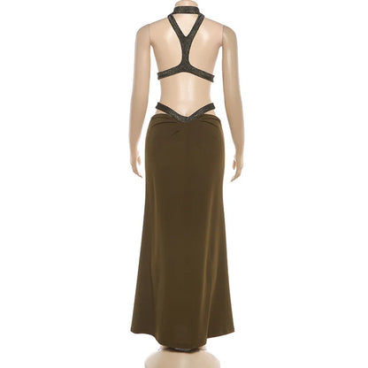 Sexy Women's Maxi Dress Halter Hollow Out Backless Sleeveless Ruched Evening Long Dresses Party Chic Robe Green Purple Summer