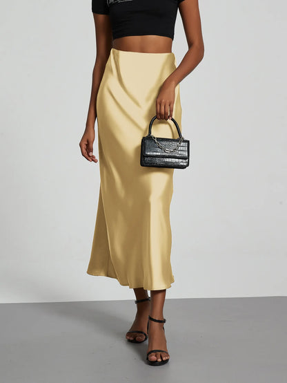 Satin Midi Skirt Women's High Waist Slik Skirts Female Clothing Black Fashion White Pink Blue Gray Burgundy Coffee Office Lady