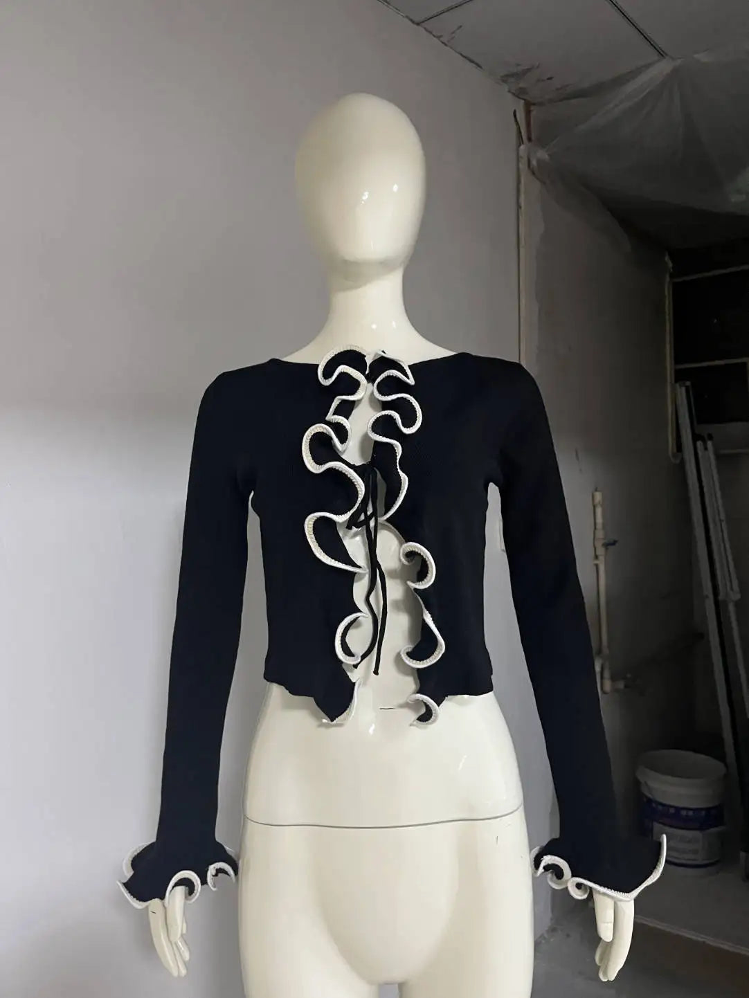 Women's Cropped Yellow Cardigan Long Sleeve Ruffles Tops Sweater Knitwears Black Top Outerwears 2025 Y2K Clothing New In Autumn