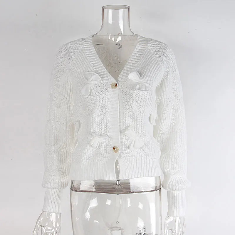 Women's Knitted Bow Cardigan Elegant Long Sleeve Tops Sweater Knitwears Top Female Clothing Fall Autumn Pink White Blue Purple