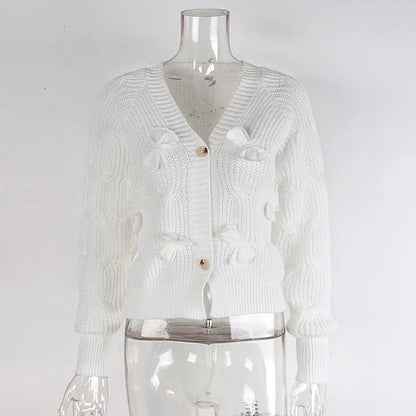 Women's Knitted Bow Cardigan Elegant Long Sleeve Tops Sweater Knitwears Top Female Clothing Fall Autumn Pink White Blue Purple