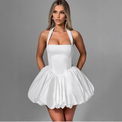 Elegant Red Backless Corset Halter Mini Dress Women Puff Hem Short Dresses Summer Evening Party Birthday Wedding Guest Cocktail