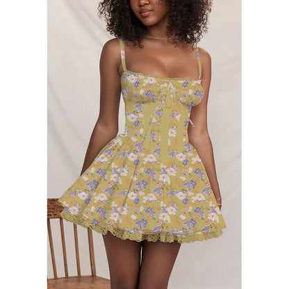 Sexy Lace Floral Corset Short Dress Elegant Women's White Yellow Sundress Female Mini Casual Sun Dresses Summer White Red Blue