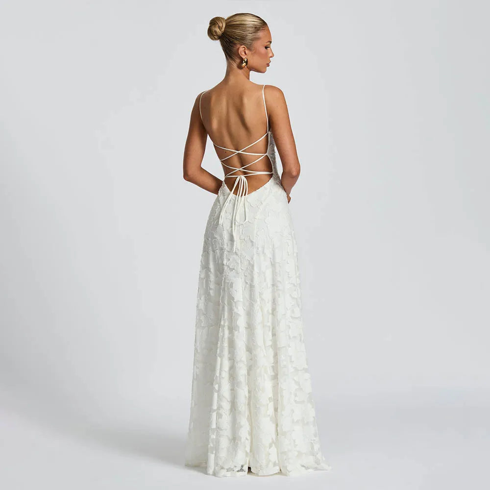 Jacquard Chiffon Long Dress Women's Backless Bandage Dresses Summer Evening Wedding Guest Green White Burgundy Pink Graduation