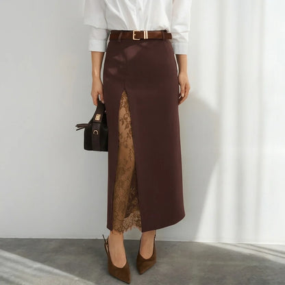 Elegant Lace Patchwork Skirt Women's High Waist Slim Split Skirts Female Clothing Fashion Summer Autumn 2026 Office Lady New In