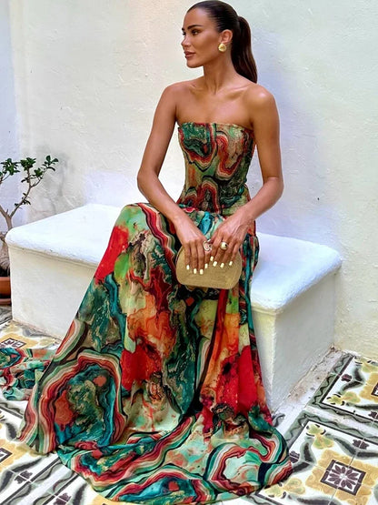 Women's Colorful Casual Long Dress Sexy Strapless Pleated Maxi Dresses Evening Party Wedding Guest Summer 2026 Female Clothing