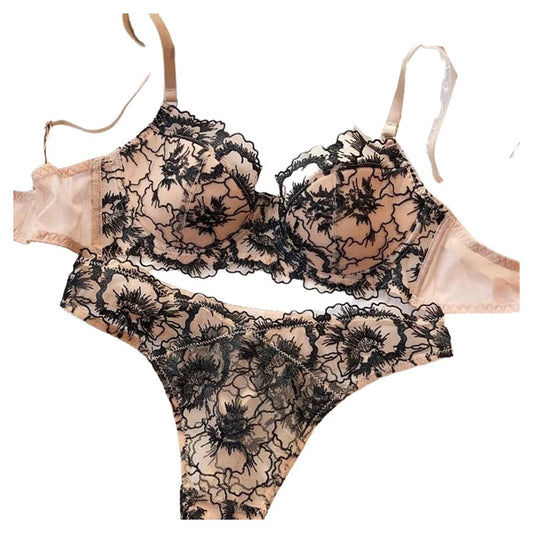 Sexy Women Lace Flowers Embroidery Underwear French Thin Cup Push Up Bra Set Hollow Temptation Waist Bandage Thongs Lingerie Set