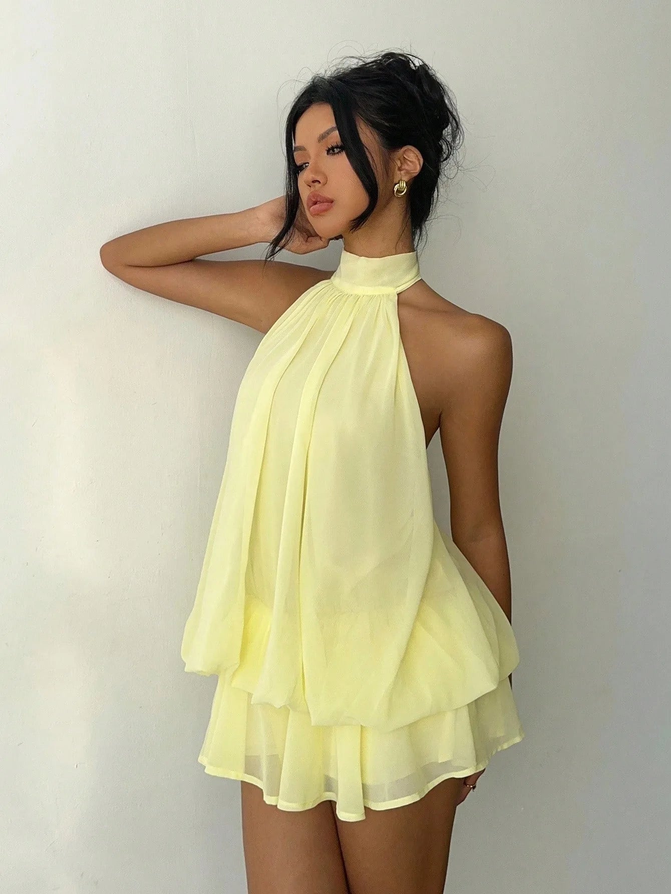 Sexy Yellow Chiffon Backless Mini Dress Women's Halter Casual Short Dresses Summer Khaki Brown Blue Pink Polka Dot Floral New