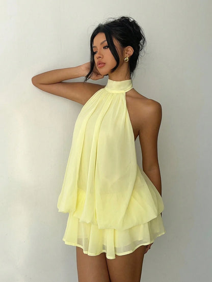 Sexy Yellow Chiffon Backless Mini Dress Women's Halter Casual Short Dresses Summer Khaki Brown Blue Pink Polka Dot Floral New