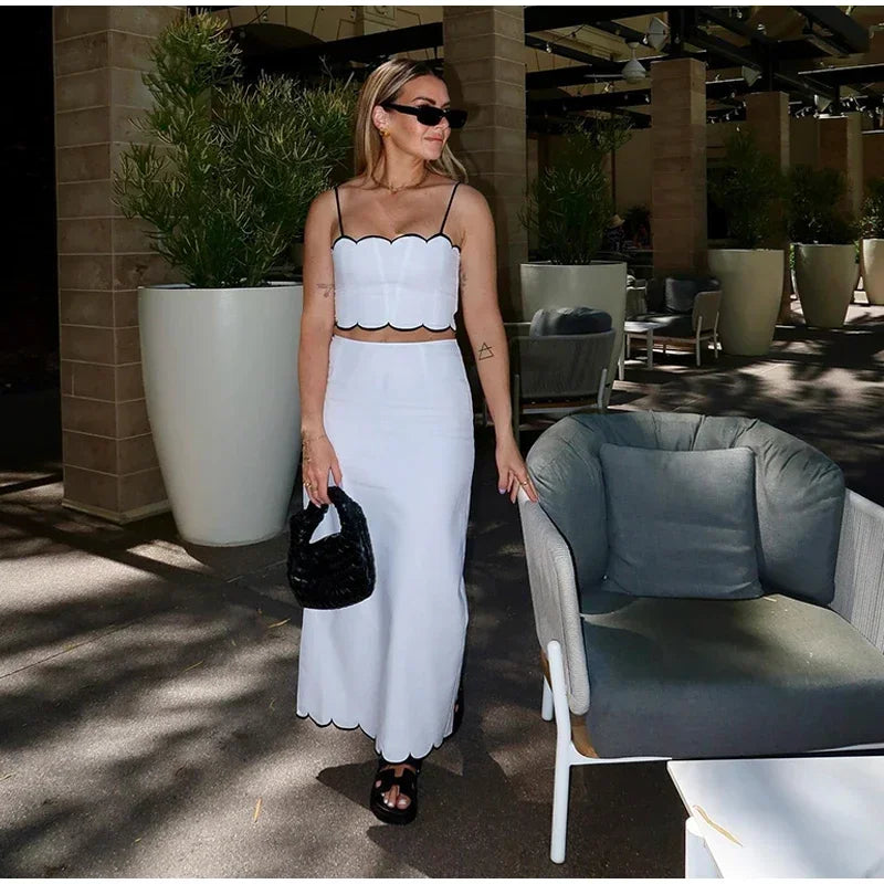 Elegant White Ruffle Beach Sets Women's Strap Backless Crop Top Long Skirt 2 Pieces Set Summer Beachwear Party Holiday Vacation