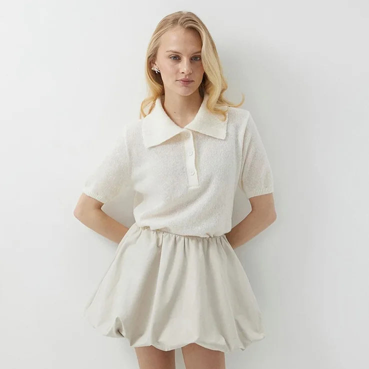 Summer Women's Polo Collar Knitted Short Sleeves Sweater Transparent T-shirt Female Simple 2025 Pink Yellow Gray Blue Red White