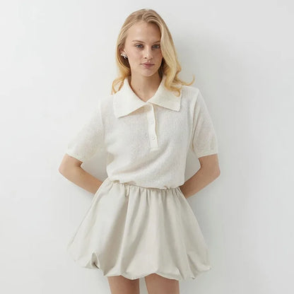 Summer Women's Polo Collar Knitted Short Sleeves Sweater Transparent T-shirt Female Simple 2025 Pink Yellow Gray Blue Red White