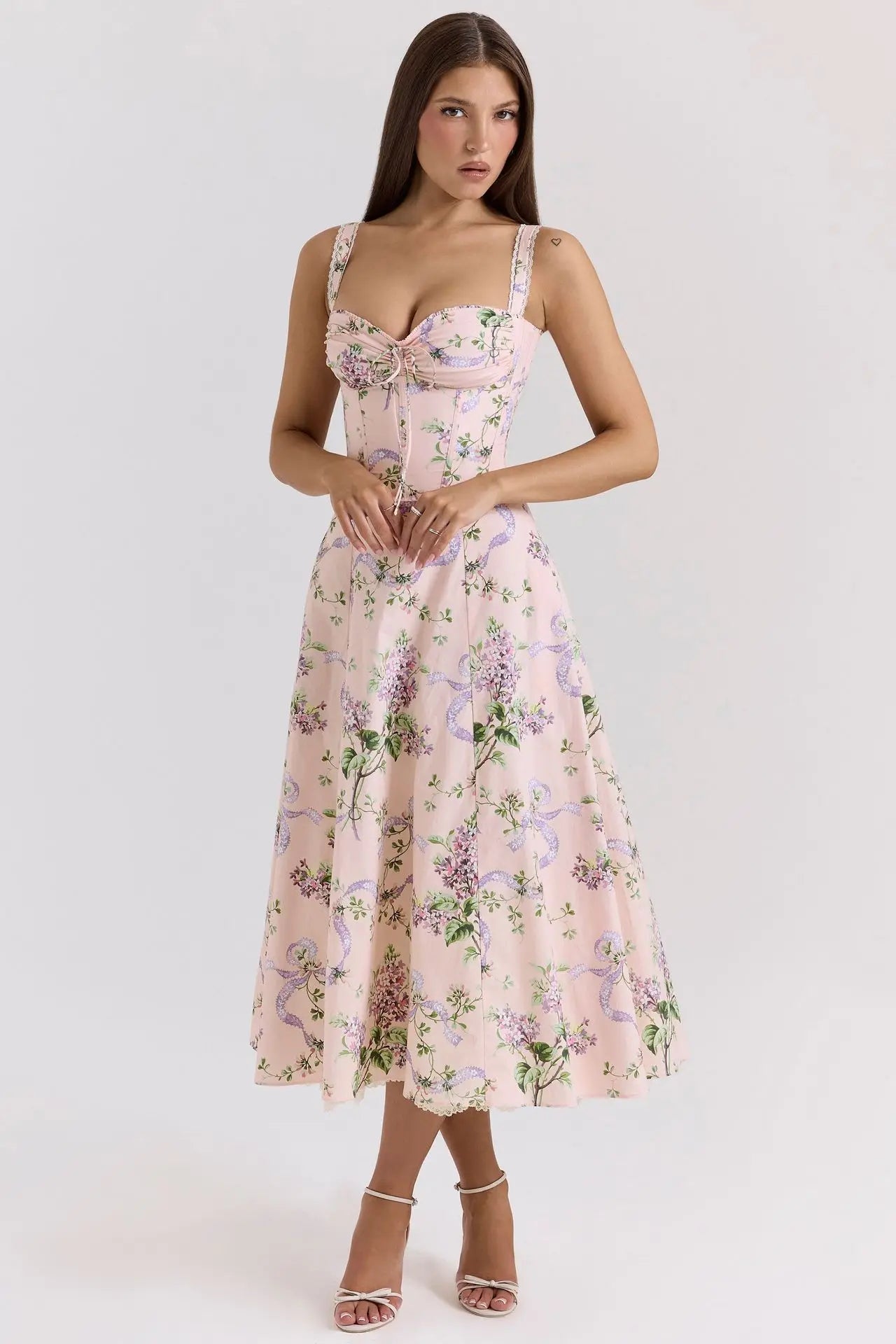 Sexy Lace Floral Midi Dress Elegant Women's Sundress Female Clothing Sun Print Dresses Summer Holiday Vacation 2026 Yellow Pink