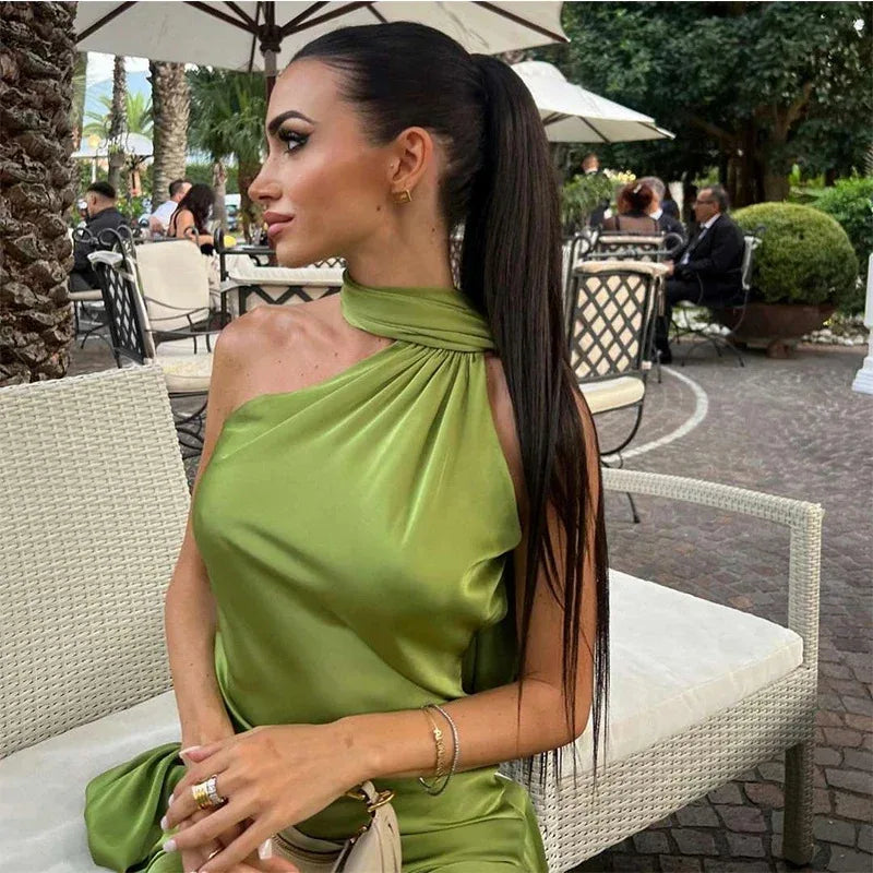 Satin Ribbon Long Dresses Women's Backless Casual Silk Dress Evening Wedding Guest Blue Green Black Yellow Red Pink Summer Prom