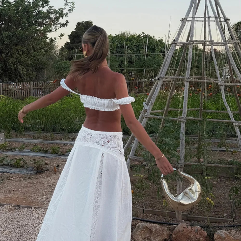 White Lace Beach 2 Pieces Sets Cover Up Women's Backless Crop Top Long Skirt Matching Set Suit Summer Holiday Vacation Outfit