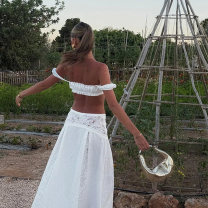White Lace Beach 2 Pieces Sets Cover Up Women's Backless Crop Top Long Skirt Matching Set Suit Summer Holiday Vacation Outfit