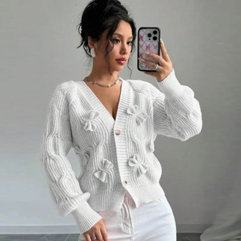 Women's Knitted Bow Cardigan Elegant Long Sleeve Tops Sweater Knitwears Top Female Clothing Fall Autumn Pink White Blue Purple