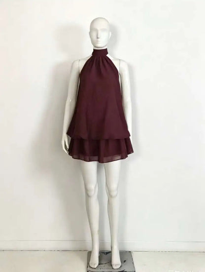 Sexy Yellow Chiffon Backless Mini Dress Women's Halter Casual Short Dresses Summer Khaki Brown Blue Pink Polka Dot Floral New