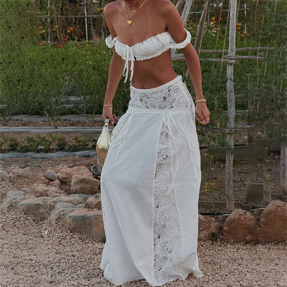 White Lace Beach 2 Pieces Sets Cover Up Women's Backless Crop Top Long Skirt Matching Set Suit Summer Holiday Vacation Outfit