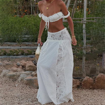 White Lace Beach 2 Pieces Sets Cover Up Women's Backless Crop Top Long Skirt Matching Set Suit Summer Holiday Vacation Outfit