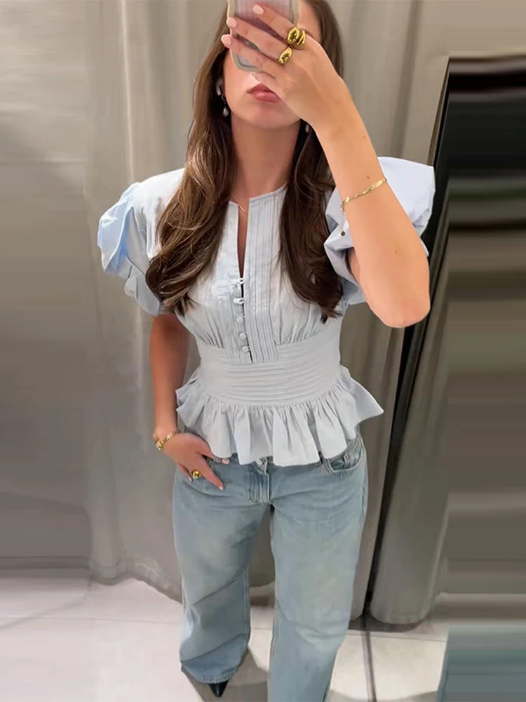 Elegant Ruffles Shirts Casual Women's Button Blouses Female Clothes Shirt Classic Tops Blouse White Pink Blue Summer 2026 Autumn