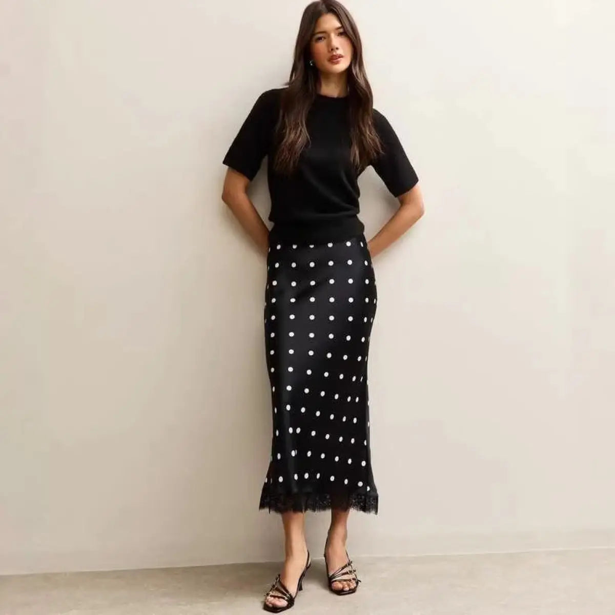 Satin Polka Dot Lace Patchwork Midi Skirt Women's High Waist Slik Skirts Female Clothing Black Fashion White Office Lady Summer