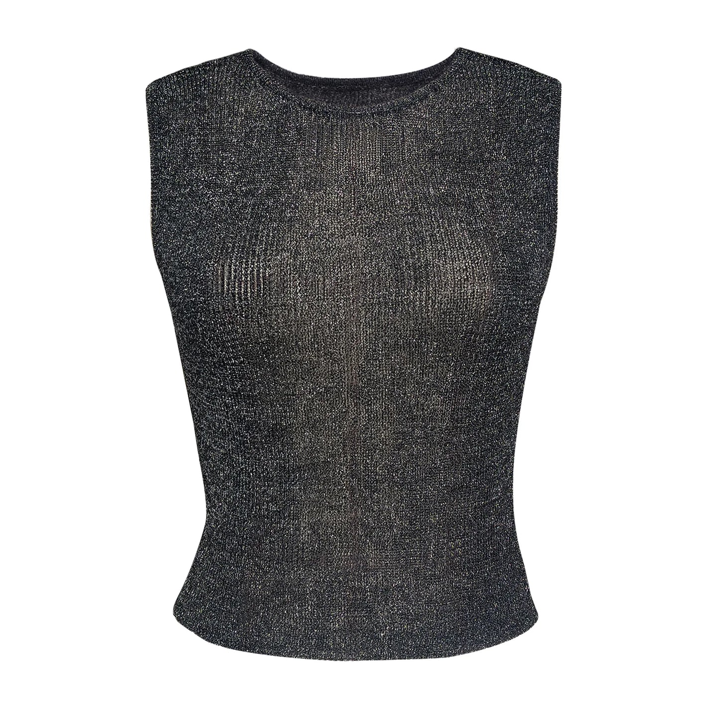 Women Sexy Mesh Sheer Glitter Sleeveless Tank Summer Shiny Cover Ups Y2K Cropped Tops See Through Mini Vest Streetwear Tops 2024