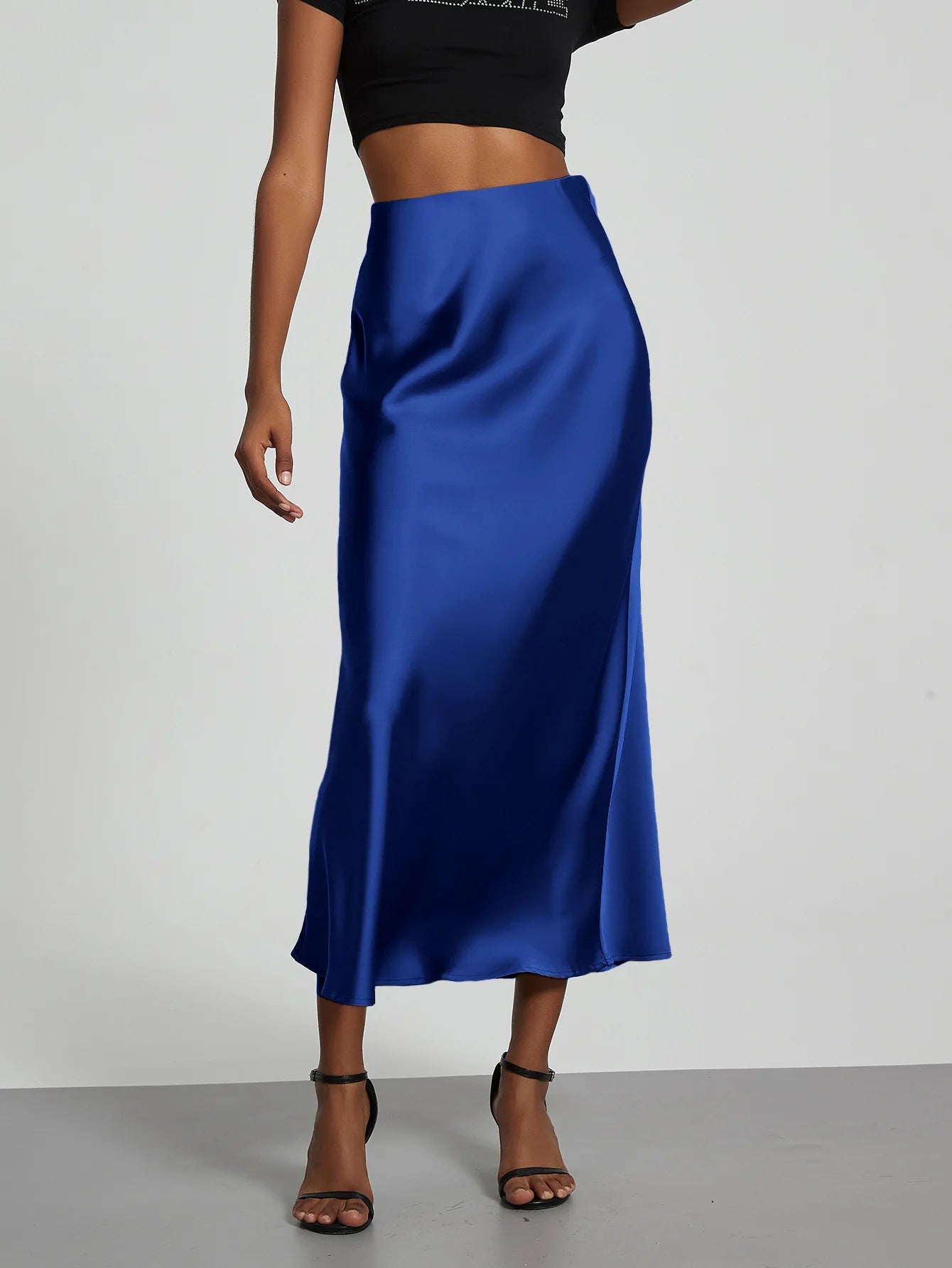 Satin Midi Skirt Women's High Waist Slik Skirts Female Clothing Black Fashion White Pink Blue Gray Burgundy Coffee Office Lady