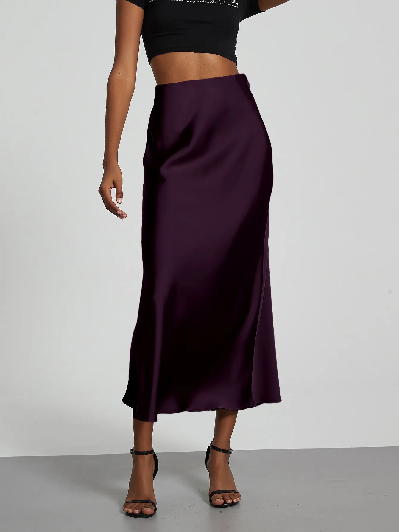 Satin Midi Skirt Women's High Waist Slik Skirts Female Clothing Black Fashion White Pink Blue Gray Burgundy Coffee Office Lady