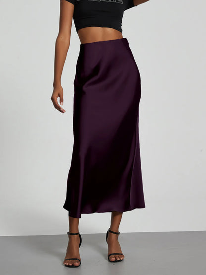 Satin Midi Skirt Women's High Waist Slik Skirts Female Clothing Black Fashion White Pink Blue Gray Burgundy Coffee Office Lady