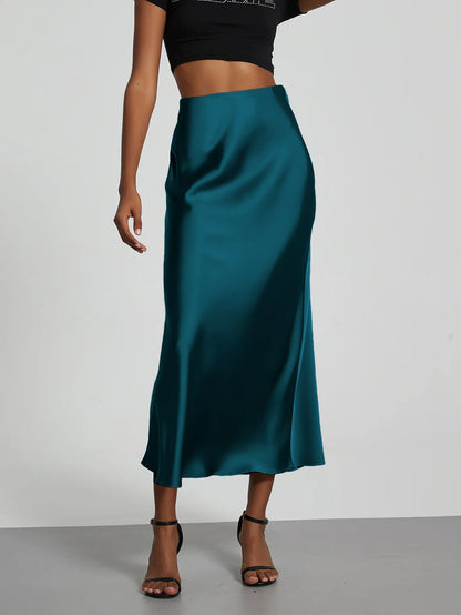 Satin Midi Skirt Women's High Waist Slik Skirts Female Clothing Black Fashion White Pink Blue Gray Burgundy Coffee Office Lady