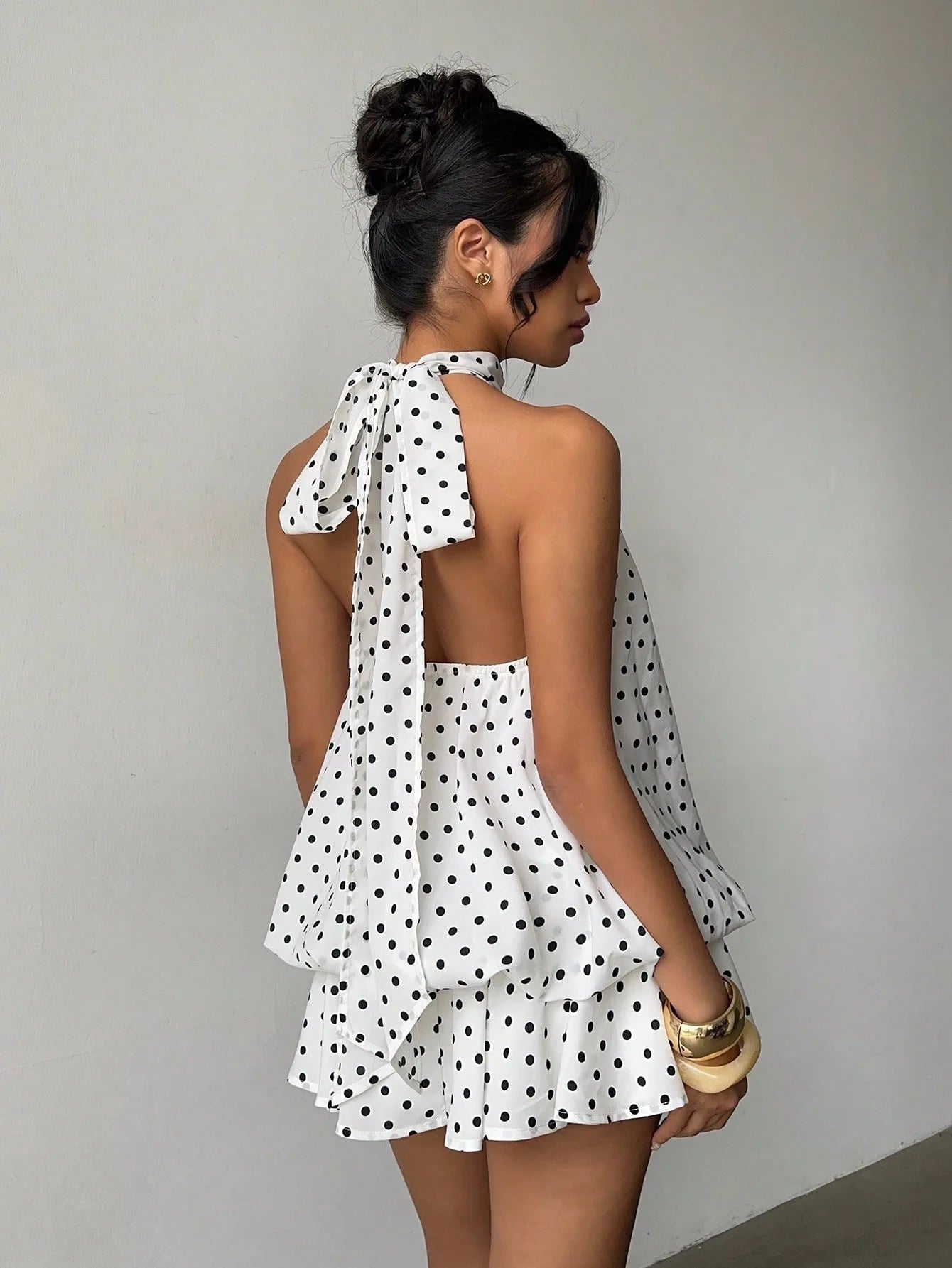 Sexy Yellow Chiffon Backless Mini Dress Women's Halter Casual Short Dresses Summer Khaki Brown Blue Pink Polka Dot Floral New