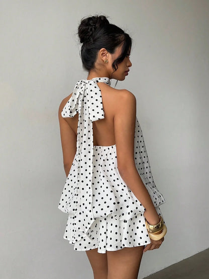 Sexy Yellow Chiffon Backless Mini Dress Women's Halter Casual Short Dresses Summer Khaki Brown Blue Pink Polka Dot Floral New