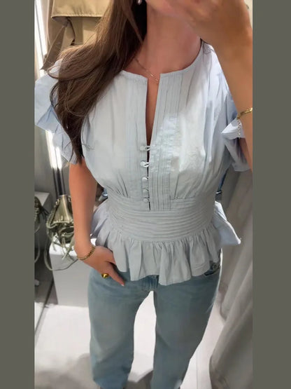 Elegant Ruffles Shirts Casual Women's Button Blouses Female Clothes Shirt Classic Tops Blouse White Pink Blue Summer 2026 Autumn