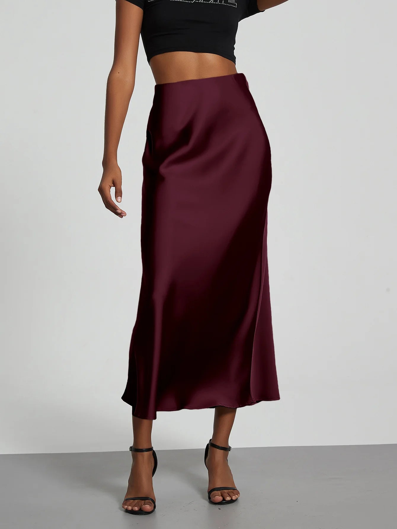 Satin Midi Skirt Women's High Waist Slik Skirts Female Clothing Black Fashion White Pink Blue Gray Burgundy Coffee Office Lady