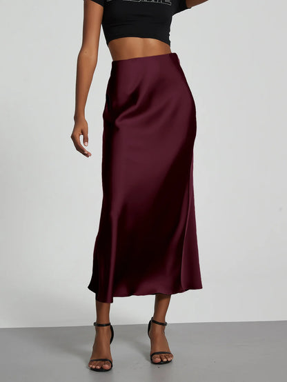 Satin Midi Skirt Women's High Waist Slik Skirts Female Clothing Black Fashion White Pink Blue Gray Burgundy Coffee Office Lady