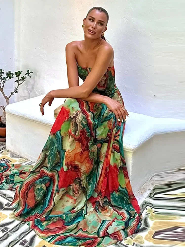 Women's Colorful Casual Long Dress Sexy Strapless Pleated Maxi Dresses Evening Party Wedding Guest Summer 2026 Female Clothing