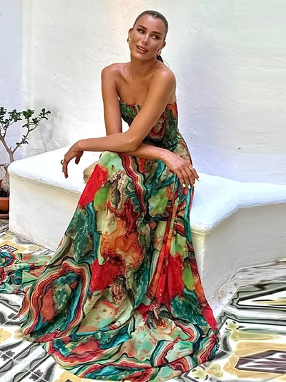 Women's Colorful Casual Long Dress Sexy Strapless Pleated Maxi Dresses Evening Party Wedding Guest Summer 2026 Female Clothing