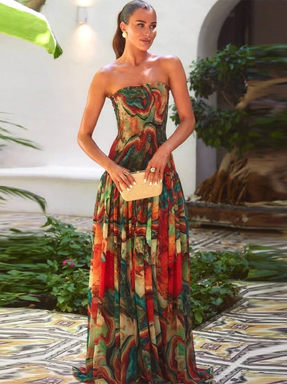 Women's Colorful Casual Long Dress Sexy Strapless Pleated Maxi Dresses Evening Party Wedding Guest Summer 2026 Female Clothing