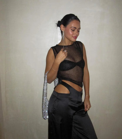 Women Sexy Mesh Sheer Glitter Sleeveless Tank Summer Shiny Cover Ups Y2K Cropped Tops See Through Mini Vest Streetwear Tops 2024